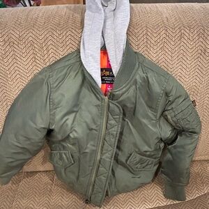 Alpha Industries Kids Green Bomber Jacket with Gray Hood